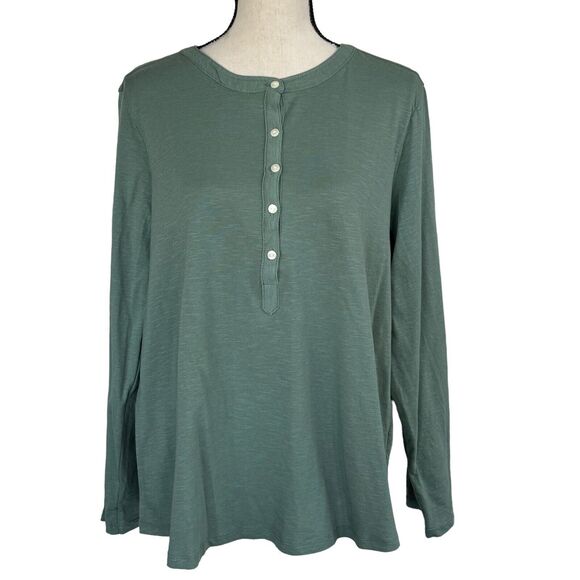 Style & Co 1X-Large Top Roll-Tab Sleeve Stretch Button Neck Burnout Fabric Green - Picture 1 of 9